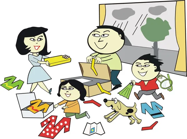 Cartoon of happy asian family packing for vacation — Stock Vector