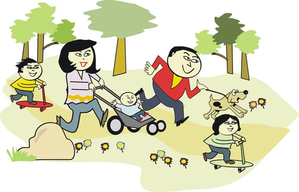 Caricature vectorielle de famille asiatique heureuse marchant dans le parc avec chien de compagnie — Image vectorielle