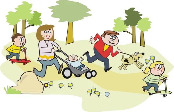 ベクトル漫画の子供たちと公園で幸せな家族 — ストックベクタ