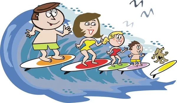 Dibujos animados mostrando familia feliz surfeando en ola con el perro de la clavija — Vector de stock