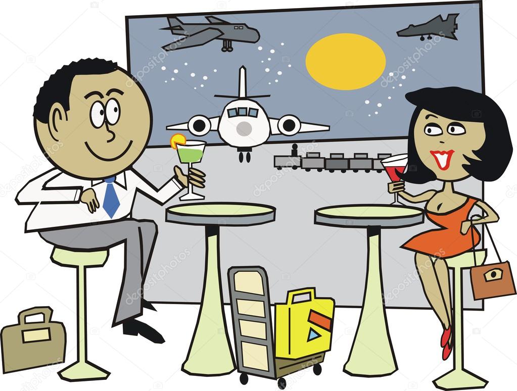 Vector cartoon of happy African man and woman in airport lounge with luggage