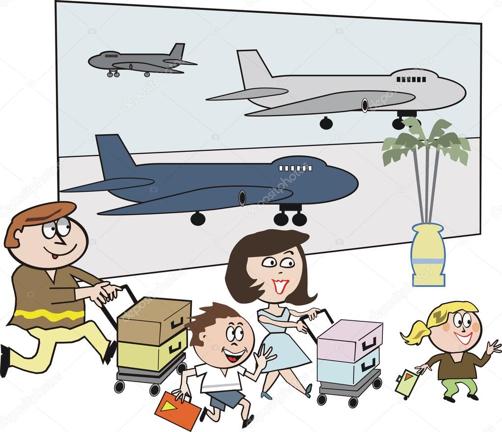 Vector cartoon of happy family with luggage at airport