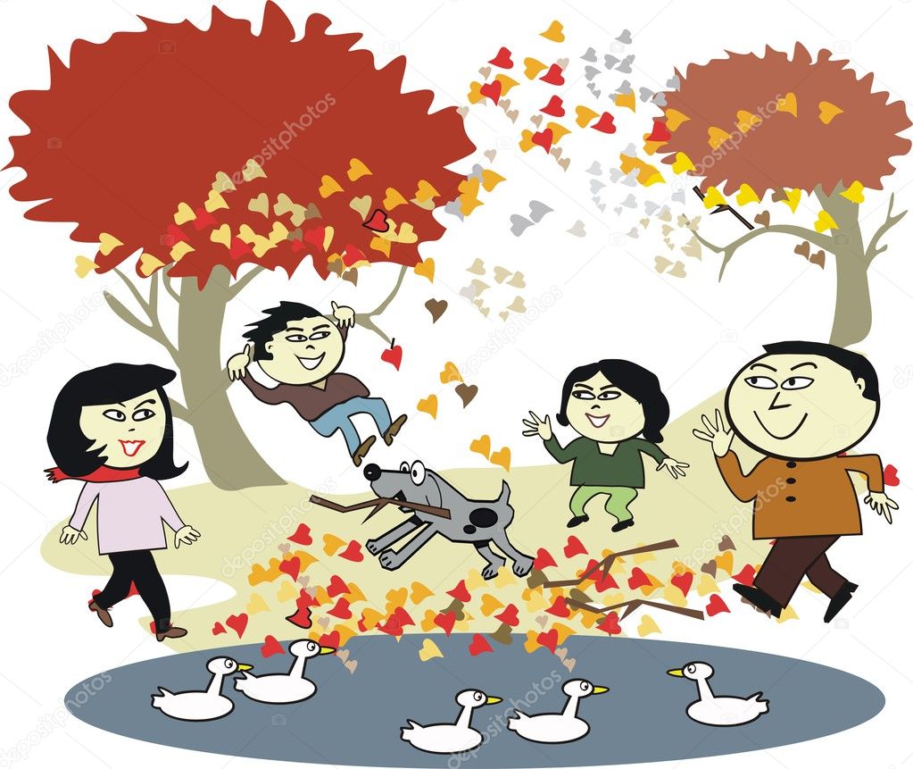 Vector cartoon of happy Asian family enjoying walk outdoors in autumn