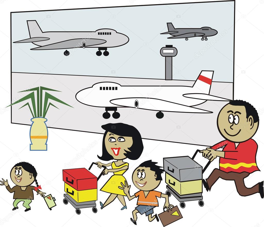 Vector cartoon of African family with luggage at airport