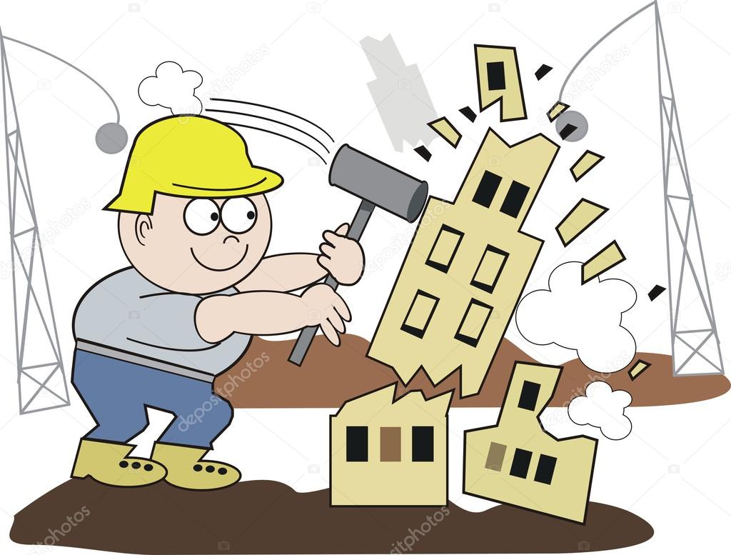 Vector cartoon of demolition worker smashing building with hammer
