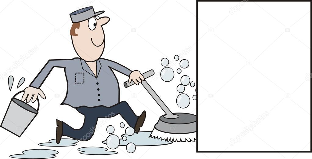Vector cartoon of happy cleaning man running with floor polisher and scrubber