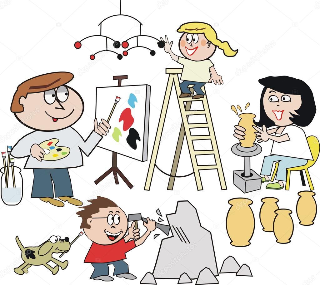 Vector cartoon of happy family artists painting, making sculpture, and pottery