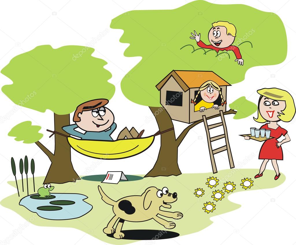 vermogen Oh jee Groot Vector cartoon of happy family relaxing with hammock, tree house in garden  Stock Vector Image by ©click60 #26446117
