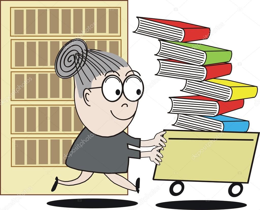 Cartoon of happy librarian running with trolley of books