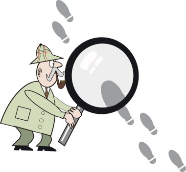 Özel Dedektif büyük ayak izleri için arama büyüteç ile karikatür