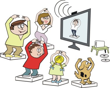 mutlu bir aile Yoga egzersiz sınıf televizyon önünde yaparken gösterilen çizgi film