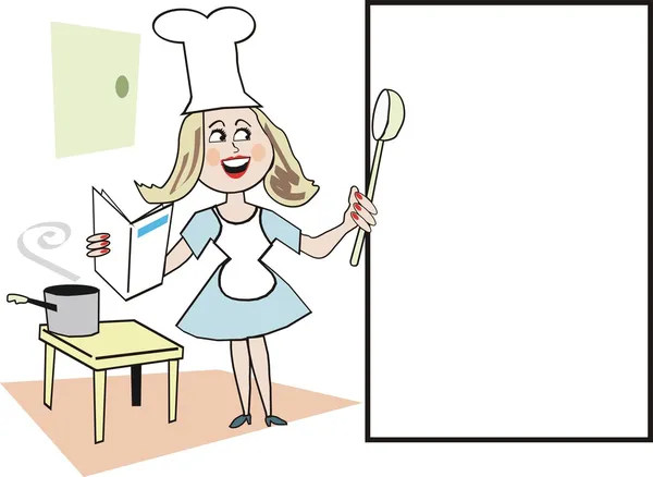 Cartoon of smiling woman in kitchen using recipe book and pointing towards blank rectangle sign — Stock Vector