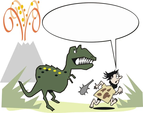 Cartoon visar grottman kör från dinosaurie med vulkan i bakgrunden — Stock vektor