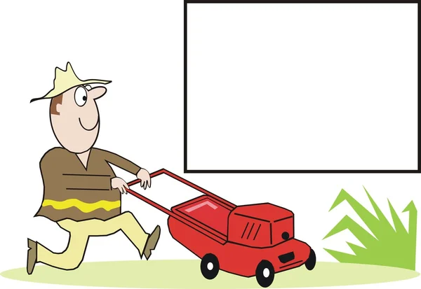 Cartoon of man mowing lawn with blank square — Stock Vector