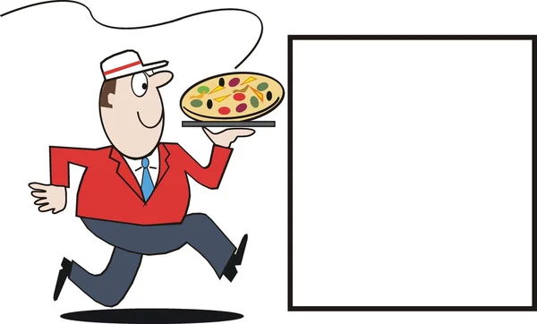 Cartoon van pizza levering man loopt met vers gekookt fast food — Stockvector