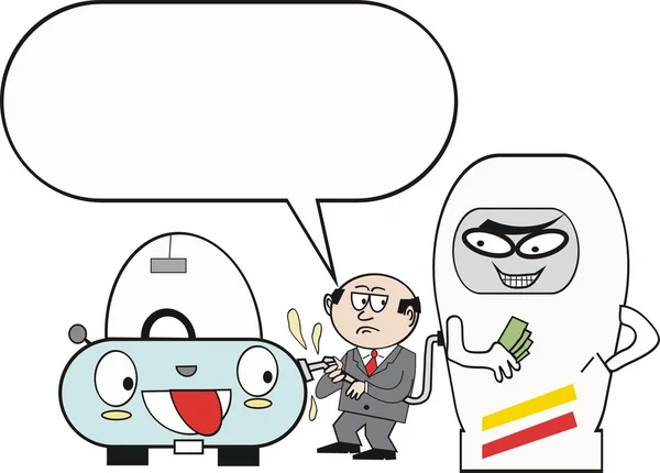 Servis istasyonu bowser, benzin dolduruyor endişeleniyorum motosiklet karikatür — Stok Vektör