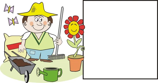 Caricature de jardinier avide d'outils et de fleurs — Image vectorielle