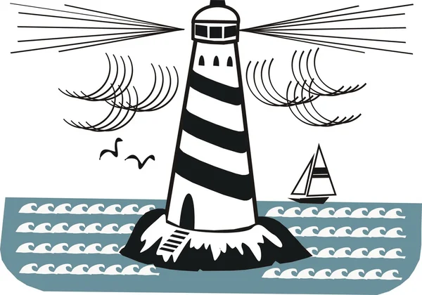 Illustration des Leuchtturms auf Felsen mit Ozean und Jacht — Stockvektor