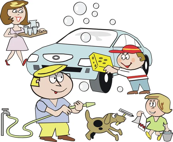 Vector cartoon van gelukkige familie wassen auto — Stockvector