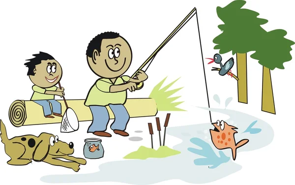 Мультфильм об отце и сыне, рыбачащих на природе — стоковый вектор