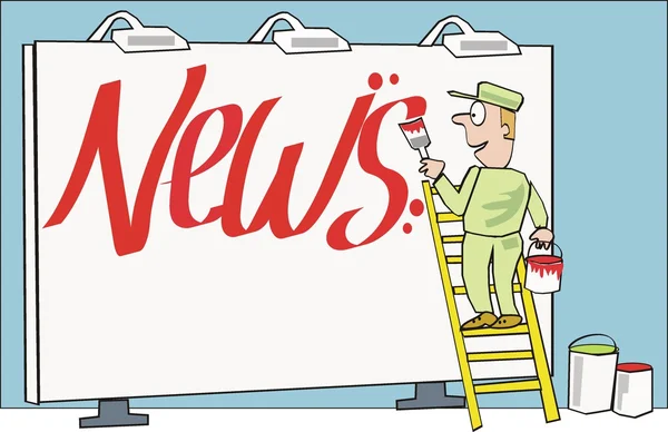Cartone animato di uomo pittura segno di notizie — Vettoriale Stock