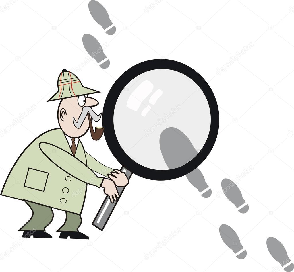 Cartoon of private detective with large magnifying glass searching for footprints