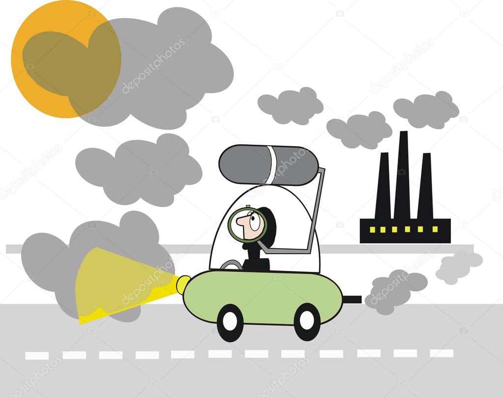Cartoon of motorist encountering fumes and smog pollution
