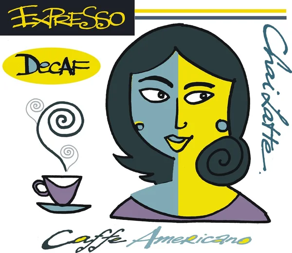 Ilustración vectorial de la mujer con signos de café y taza . — Archivo Imágenes Vectoriales