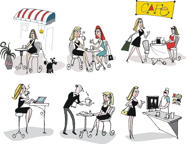 Ilustração vetorial de mulheres bebendo café em restaurante . — Vetor de Stock