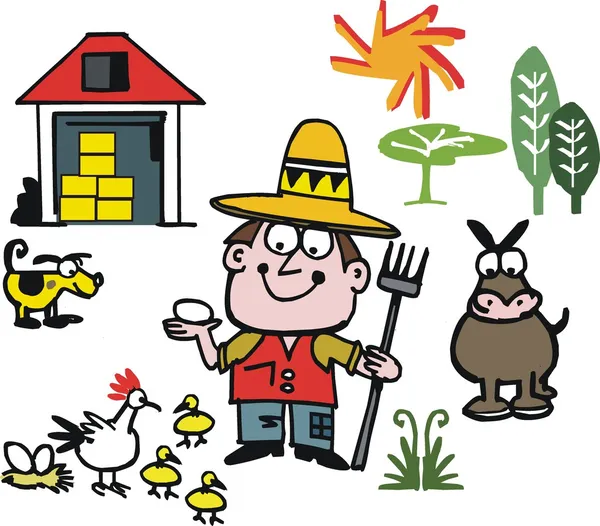 Dibujos animados vectoriales del agricultor con animales — Vector de stock