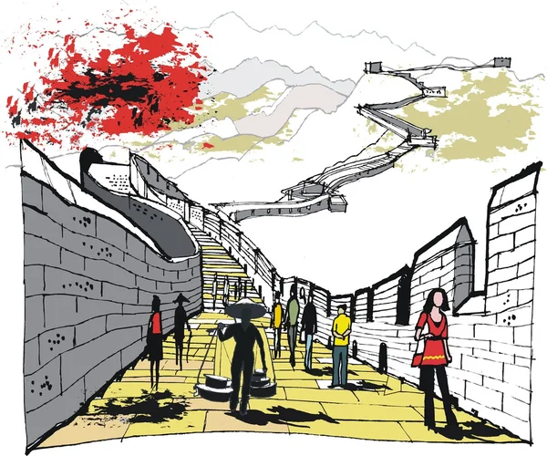 Illustration vectorielle de la marche sur la Grande Muraille de Chine — Image vectorielle