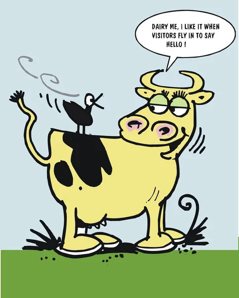 Vector cartoon of friendly cow with bird — Stock Vector