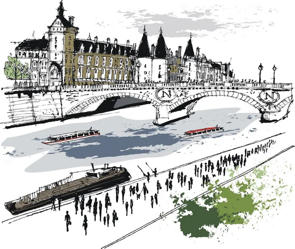 Ilustração vetorial de edifícios antigos e ponte em Paris, França . — Vetor de Stock