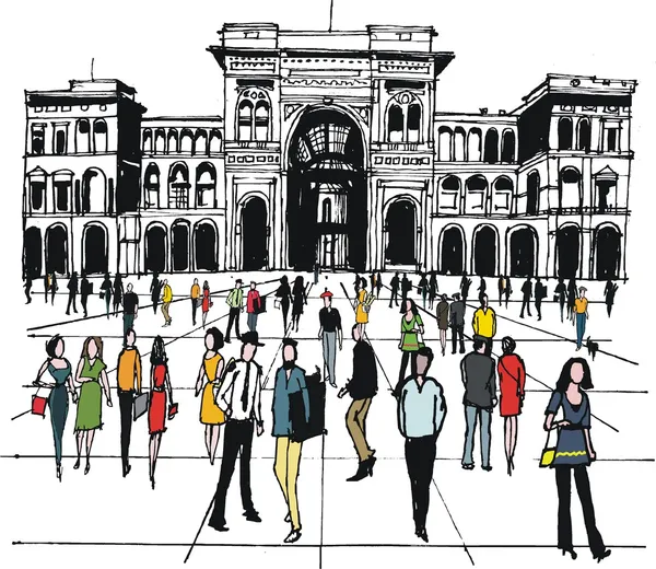 Ilustración vectorial de en plaza de la ciudad, Milán, Italia — Archivo Imágenes Vectoriales