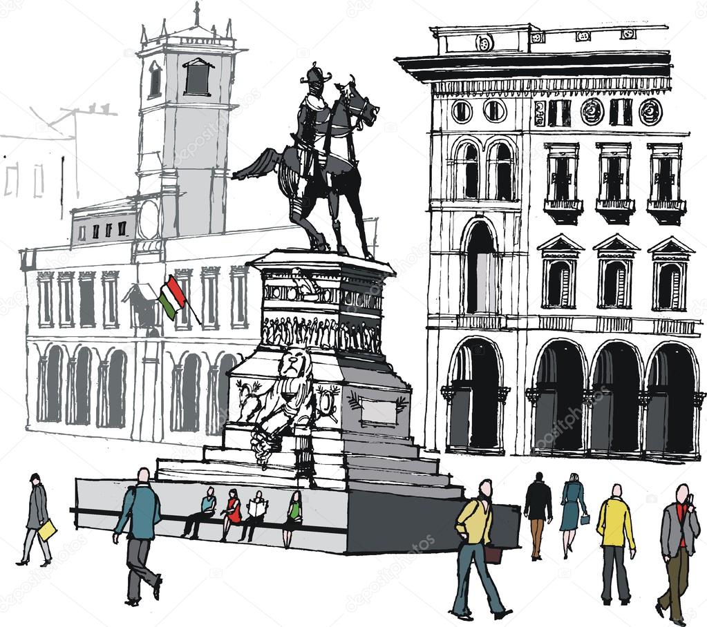 Vector illustration of main city square and pedestrians, Milan, Italy.