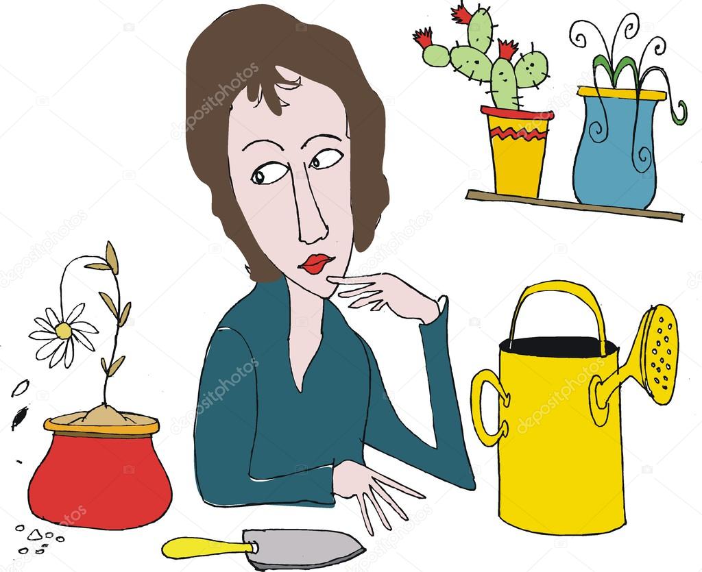 Vector cartoon of woman trying to grow flowering plants.