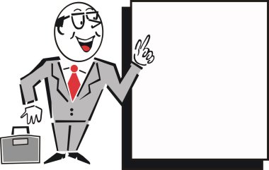 karikatür boş tabelaya işaret eden işadamı.