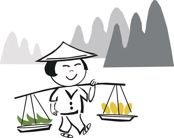 Ásia trabalhador agrícola desenhos animados — Vetor de Stock