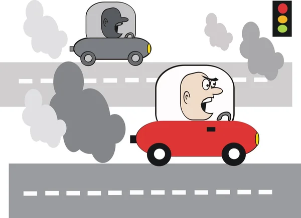 Dibujos animados de conductor enojado con humos de escape en la carretera . — Vector de stock