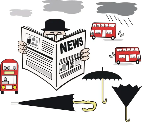 Vector cartoon of man reading newspaper with selection of London buses and umbrellas. — Stock Vector