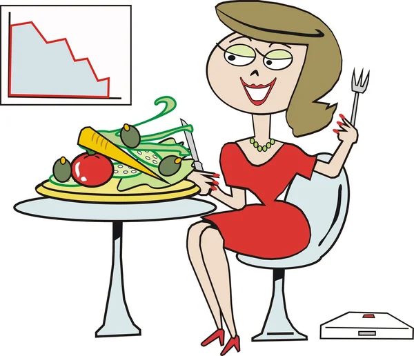Vector cartoon of woman on diet eating healthy salad. — Stock Vector