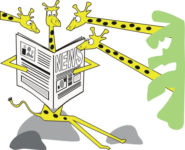 Cartoon of giraffes in jungle reading newspaper. — Stock Vector