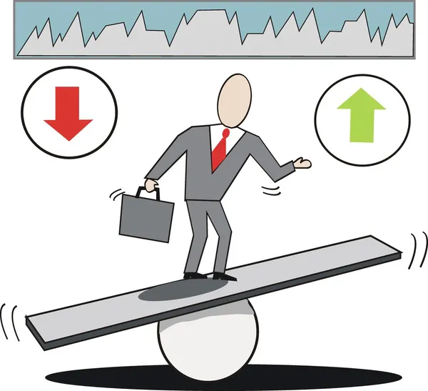 Vector cartoon of businessman on seesaw balancing market trends up and down. — Stock Vector