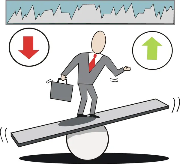 Desenho animado vetorial do homem de negócios em seesaw equilibrando tendências de mercado para cima e para baixo . — Vetor de Stock