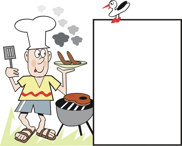 Cartoon of man preparing sausages and steak on outdoor barbeque. — Stock Vector