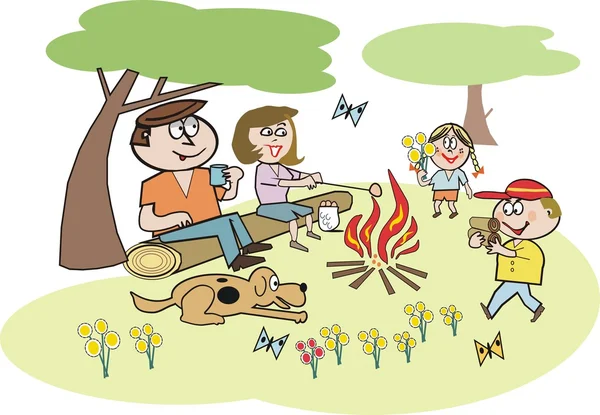 フォレストの設定でキャンプファイヤーを囲んで座っている家族のグループの漫画. — ストックベクタ