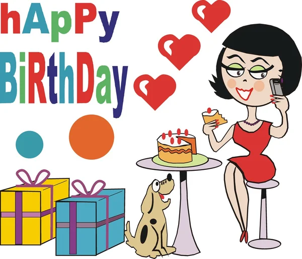Cartoon of woman using mobile and eating birthday cake surrounded by gifts. — Stock Vector