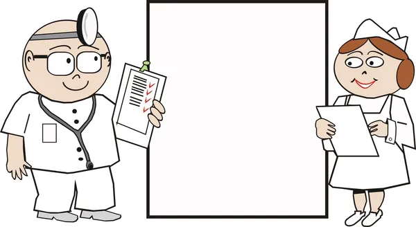 Cartoon van gezondheidswerkers, arts en verpleegkundige met klemborden voor weergave plein. — Stockvector