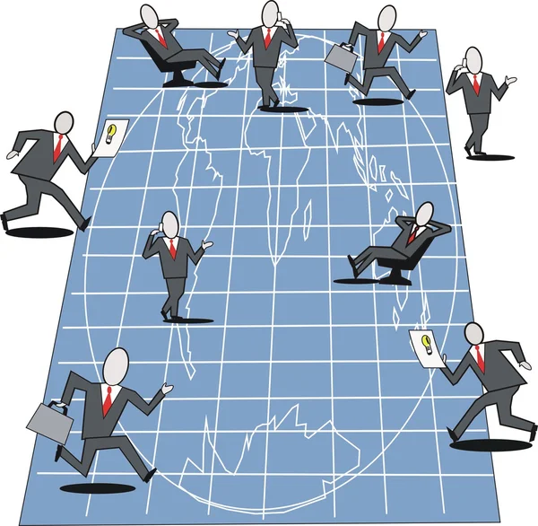 Cartoon of business executives planning on large blueprint of world map. — Stock Vector