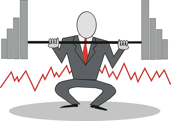 Desenhos animados de homens de negócios levantando pesos na forma de gráficos de barras de desempenho . — Vetor de Stock
